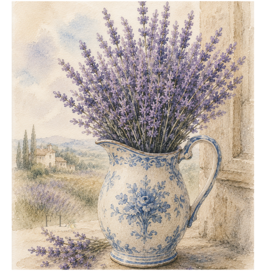 Blue & White Pitcher Filled with Lavender | Watercolor PNG Clipart