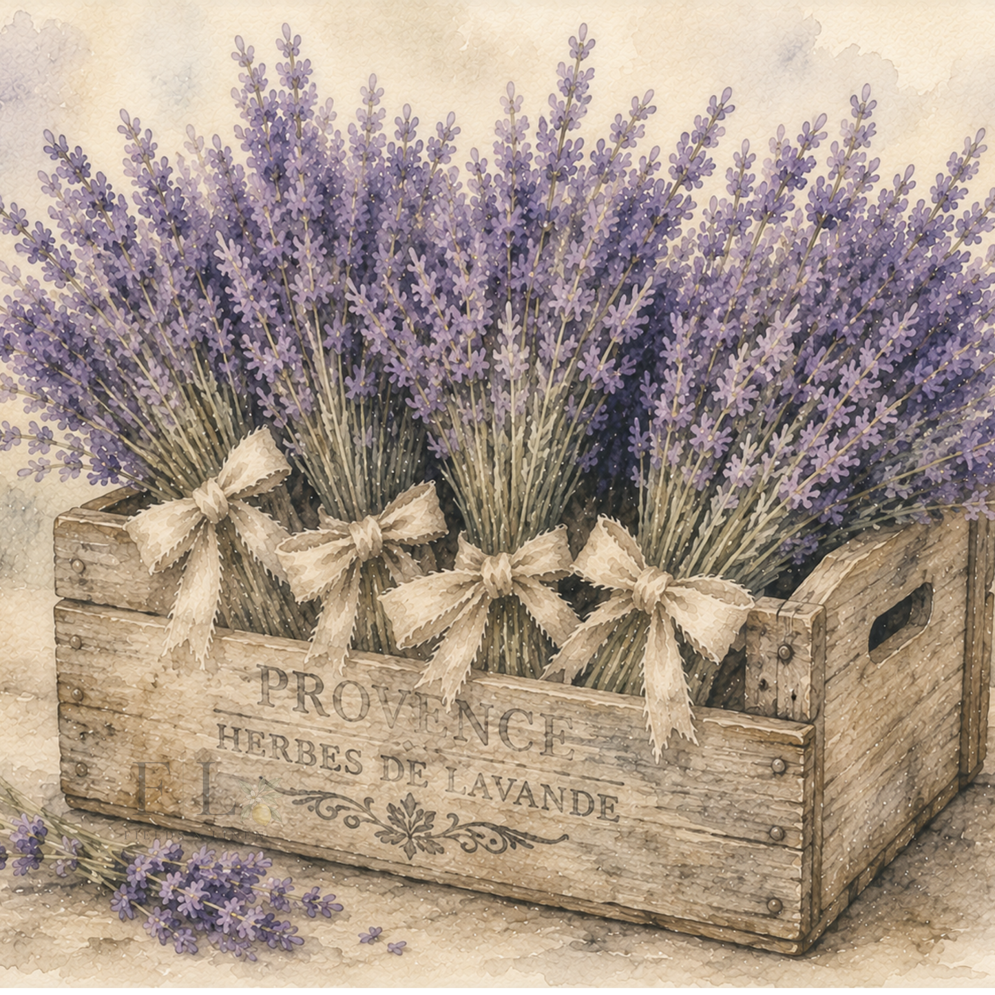 Rustic Crate Overflowing with Lavender | Watercolor PNG Clipart