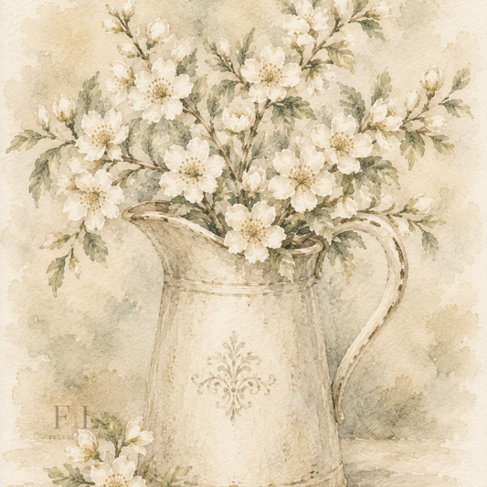 Vintage Pitcher with White Blossoms | Heirloom Watercolor Botanical Clipart PNG