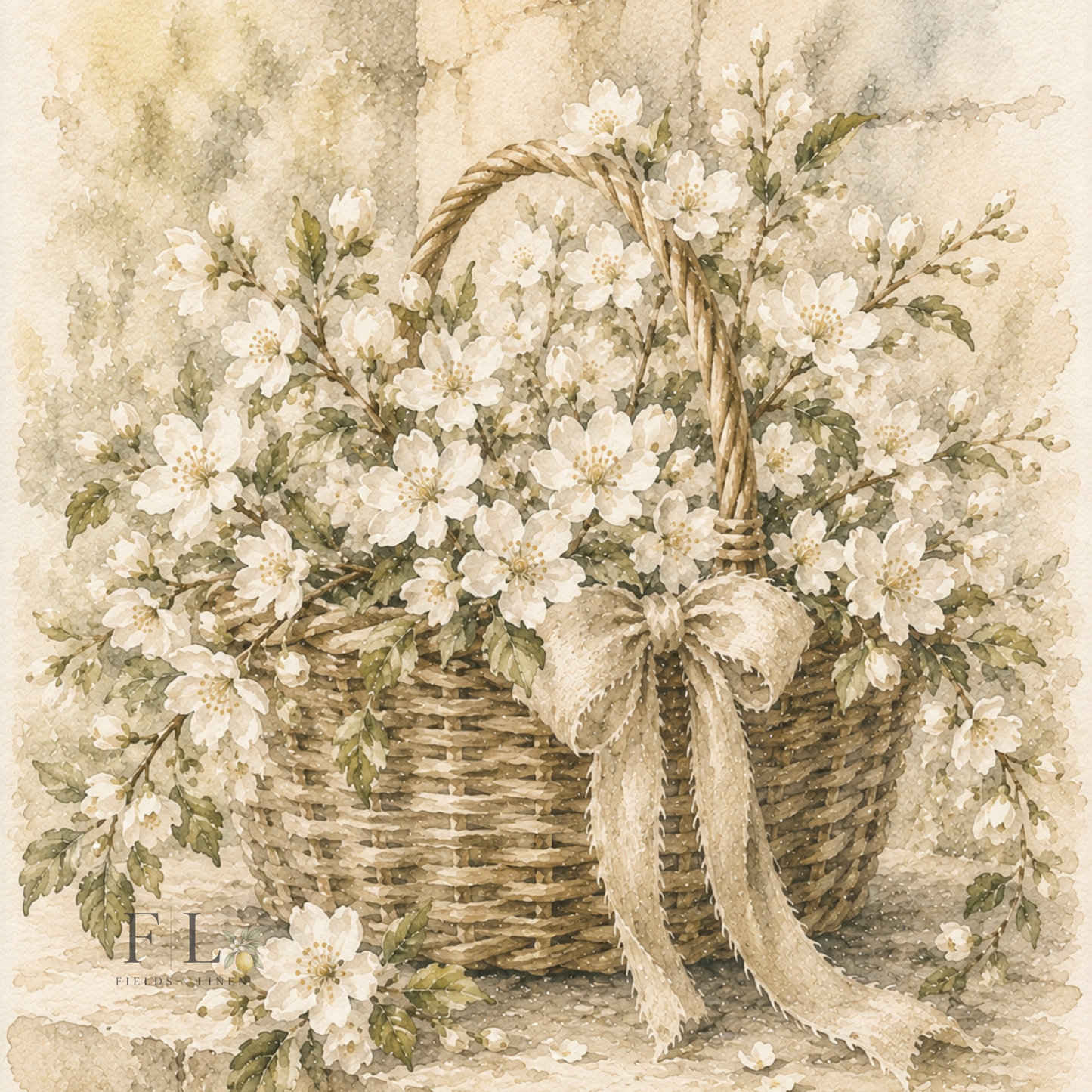 White Blossom Basket Clip Art \ Heirloom Watercolor Botanical PNG