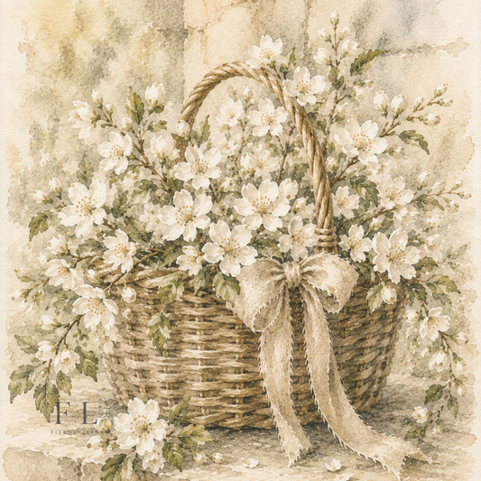 White Blossom Basket Clip Art \ Heirloom Watercolor Botanical PNG