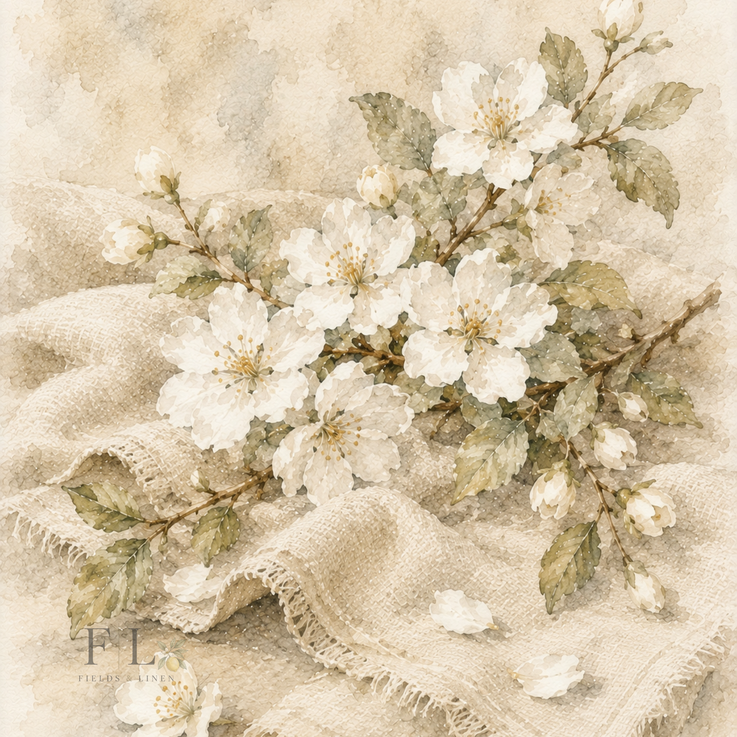 White Blossom on Linen Clipart | Heirloom Watercolor Botanical PNG