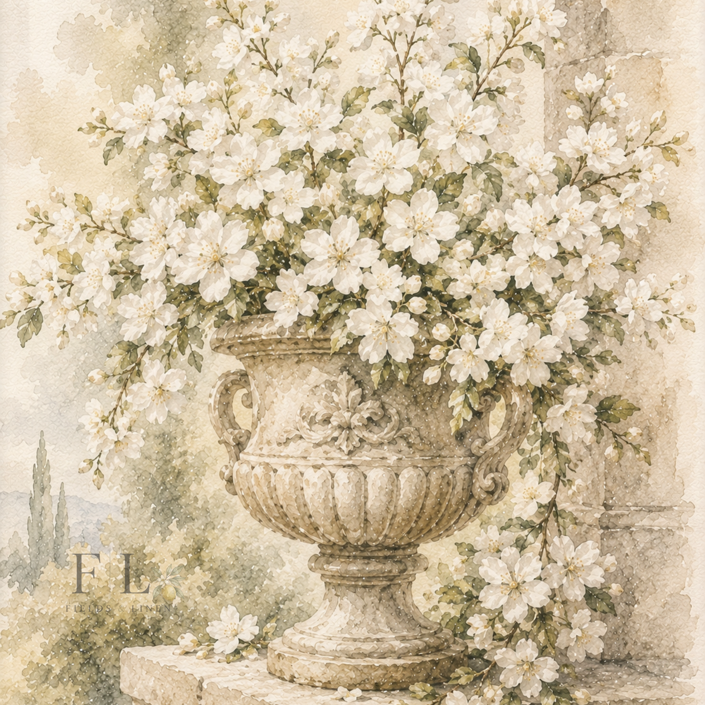 White Blossom Stone Urn Clip Art | Heirloom Watercolor Botanical PNG