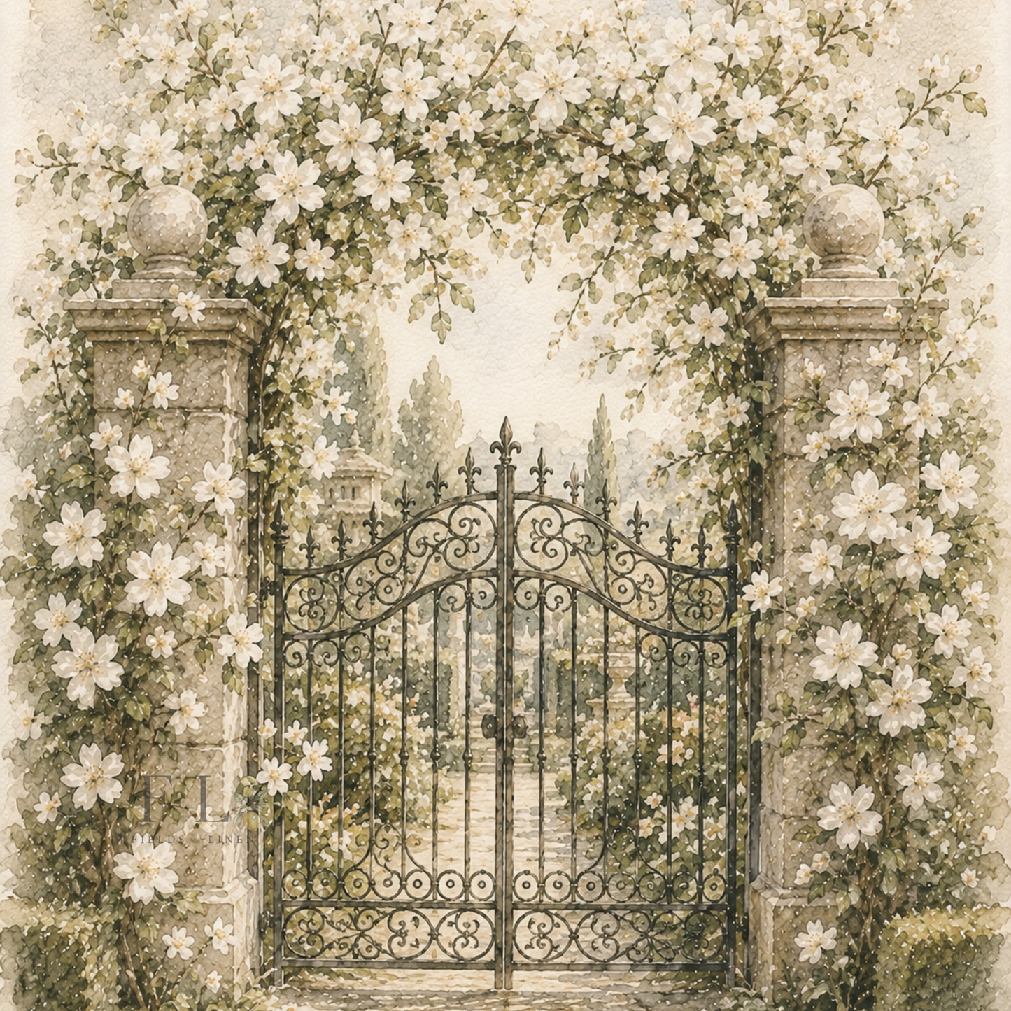 White Blossom Garden Gate Clip Art | Heirloom Watercolor Botanical PNG