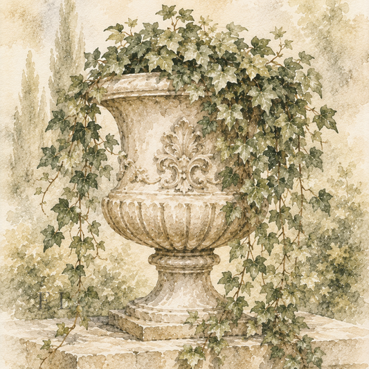 Classical Stone Urn with Cascading Ivy | Heirloom Watercolor Digital Clip Art