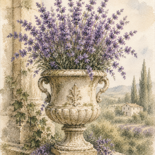 Classical Stone Urn with Lavender | Heirloom Watercolor Digital Clip Art