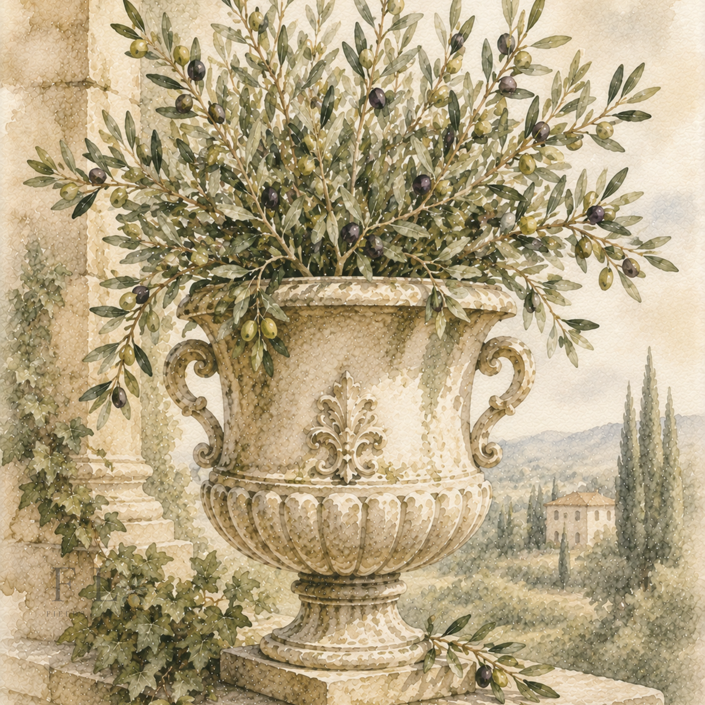 Stone Urn with Olive Branches | Heirloom Watercolor PNG