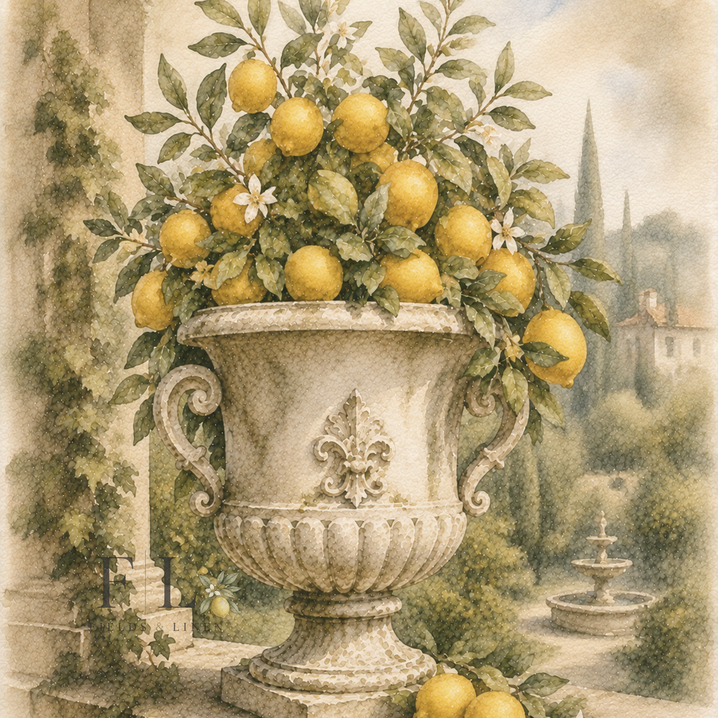 Classical Stone Urn with Lemon Branches | Heirloom Watercolor Digital Clipart