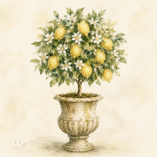 Vintage Lemon Topiary in Limestone Urn | Heirloom Watercolor PNG Clip Art