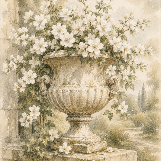 Classical Stone Garden Urn with White Blossoms | Heirloom Watercolor Digital Clipart