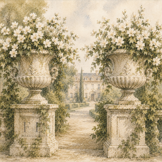Estate Garden Entrance with Classical Stone Urns | Heirloom Watercolor Digital Clip Art