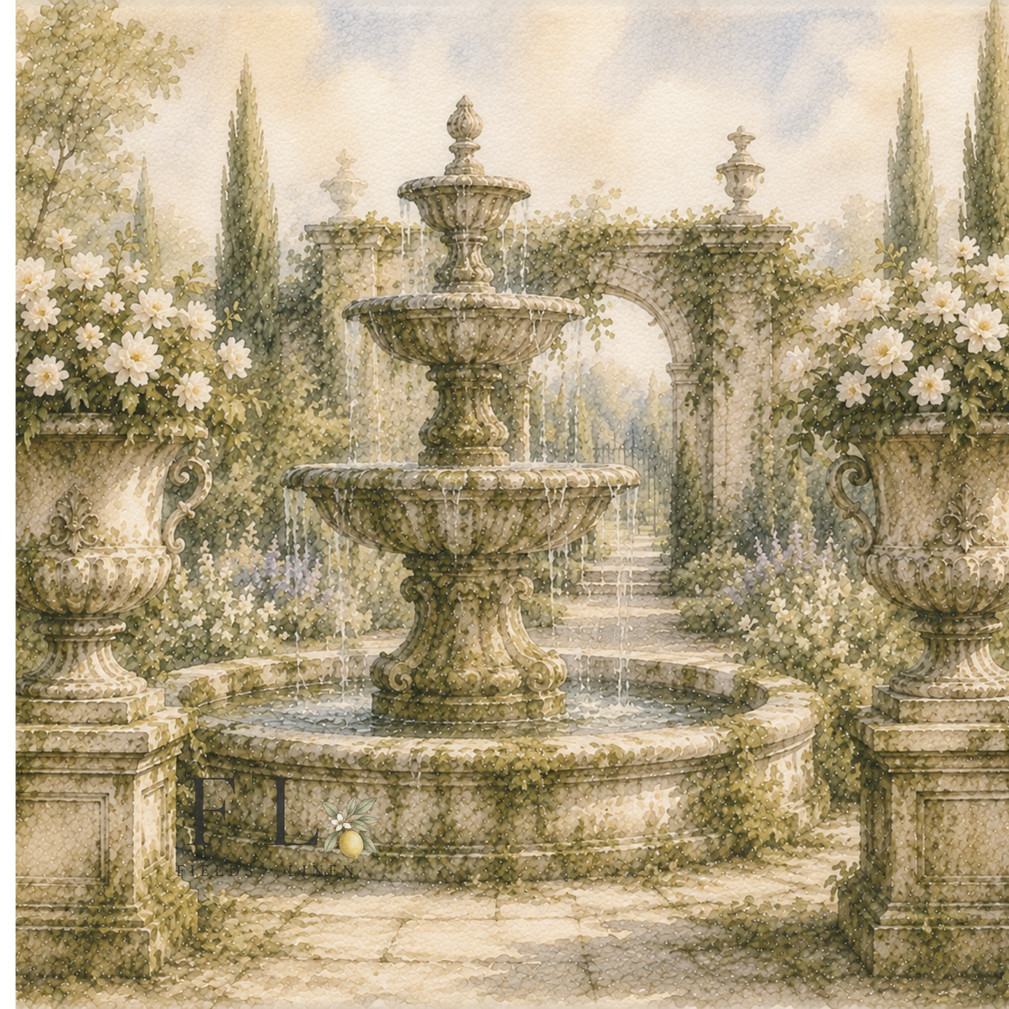 Classical Estate Garden Fountain | Heirloom Watercolor Digital Clip Art