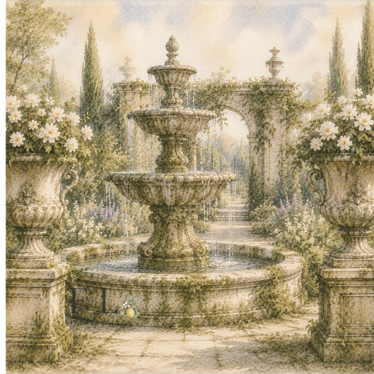Classical Estate Garden Fountain | Heirloom Watercolor Digital Clip Art