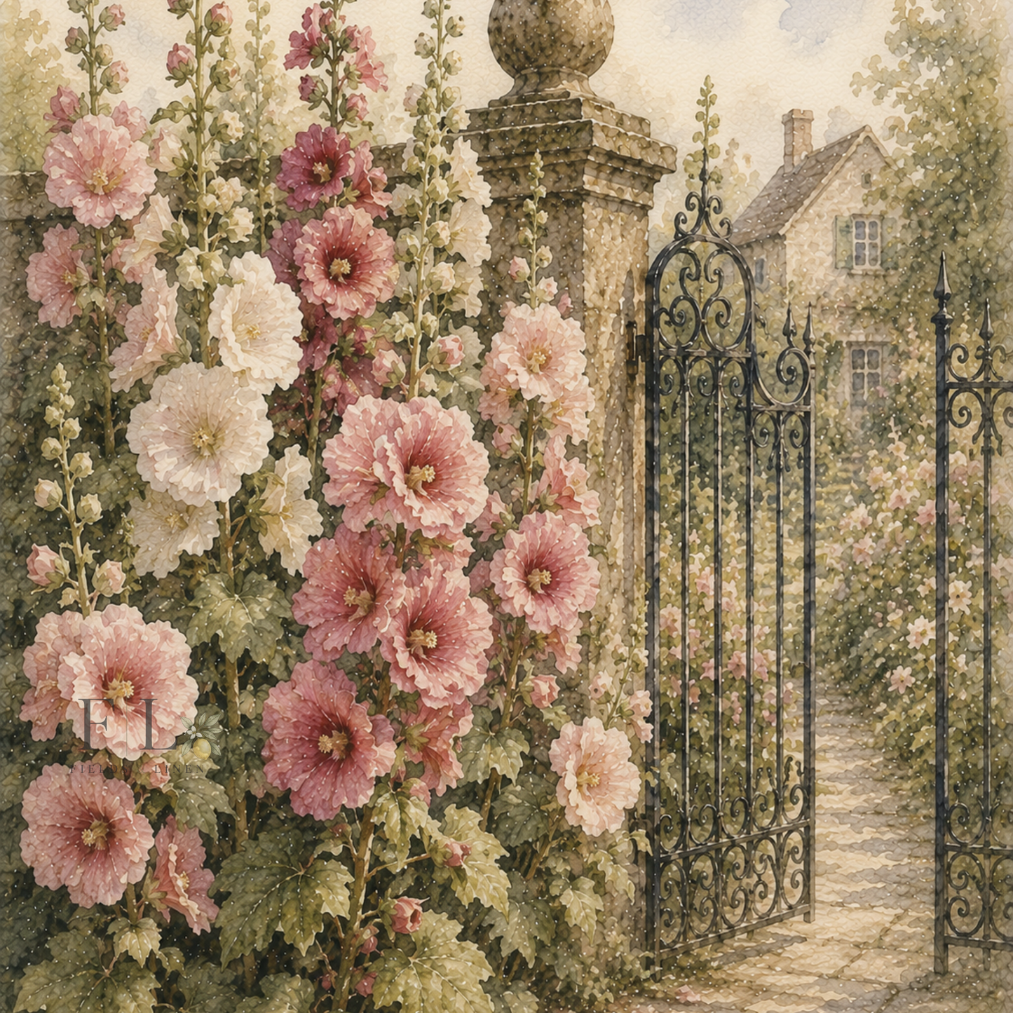 Estate Garden Gate with Holly Hocks | Heirloom Watercolor Digital Clipart