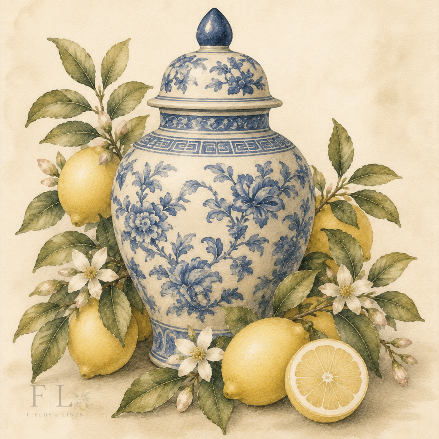 Blue & White Ginger Jar with Lemons | Heirloom Watercolor PNG Clip Art