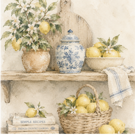 Rustic Lemon Kitchen Shelf | Heirloom Watercolor PNG Clipart