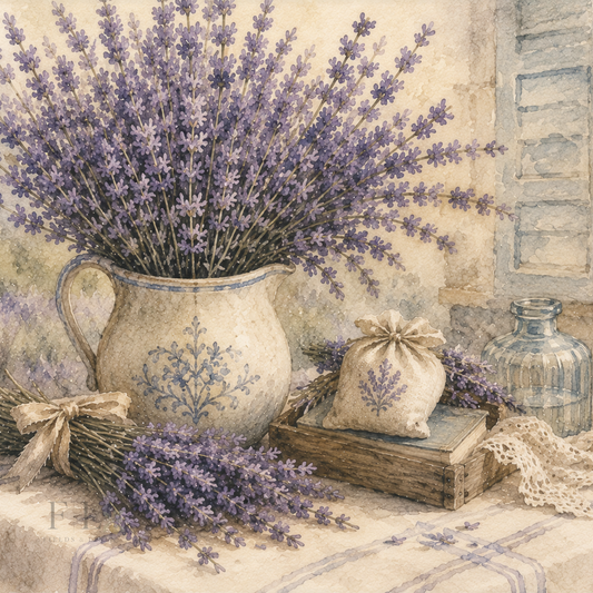 Lavender Still Life on Linen Tablecloth | Watercolor PNG Clipart