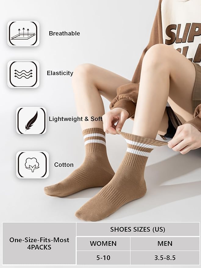 YUWELL Cozy Striped Crew Socks - 4 Pair Neutral Cotten Sock Set